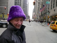 The mean streets of New York.............in a fluffy purple hat............