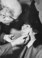George often had to wear more stage makeup than the others in the Beatles’ early days because he had the worst skin problems. You often see candid, everyday pics of younger George with quite a lot of blemishes. This photo from the set of A Hard Days Night.