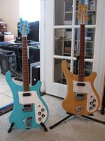 You don't see this too often --- two 480 models.  On the left is Rich's 1973 which was refinished in Daphne Blue by an unknown luthier in the MidWest and on the right is Gary's 1974 year  MapleGlo which is 100% stock original and very well preserved over the years