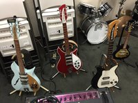 Kira's short-scale arsenal..... the Blueboy Lennon '58 model (2&quot; body), the Ruby with Checquered Binding including Headstock, the Holy Grail Tulip and the Mandolin