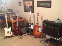 59 Fender Esquire, 66 Gibson Trini Lopez, 67 360F Fireglo, 68 360F Jetglo. 63 Vox AC30