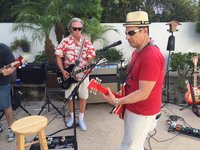 Joey's 4001  headstock and Mark P  and Paulie playing their Davis Guitar Work's custom Double Bounds