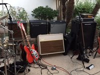 Paulie's Ruby  C63-12 and the Larry Davis' customized Big Red Double Bound and his Vox Handwired AC 30 and some more amps behind... a Vox T-60 Bass amp, Mesa Boogie Studio Caliber DC2 and a Fender Deluxe 90 .....