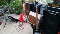 Paulie's Ruby C63-12, Big Red and Joey's Set Neck &quot;S&quot; Bass with the Reissue Horseshoe .... and another perspective of our Wall of Sound amps