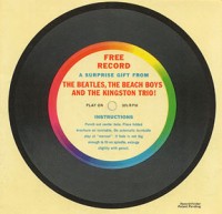 The Beatles, The Beach Boys, and<br />The Kingston Trio flexi-disc<br />Capitol / Evatone 8464<br />This compilation 7" tri-fold card has various LP ads and a photo of The Beatles. Inserted in magazines in 1964, the vinyl-coated middle section includes Roll Over Beethoven (The Beatles), Little Deuce Coupe (The Beach Boys), and The Saints (The Kingston Trio). This very difficult to find disc sells for up to $500 in near mint condition, and a little higher if the center spindle hole has not been punched. It is usually referred to by collectors as "The Kingston Trio flexi".