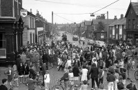 >><br />Crowds outside Ringo Starr's family home, 10 Admiral Grove, Liverpool 8, filmed for the BBC documentary The Mersey Sound on 30 August 1963