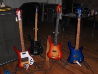 Basses belonging to JH and I on stage. Left to right: My 4001V63, JH's Shadow and "Smokie" 4004Cii, my Blueburst 4004Cii.