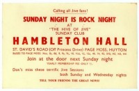 "THE BEATLES at the HAMBLETON HALL, St David's Road, Page Moss, Huyton, LIVERPOOL on 25 JANUARY 1961 where they performed together with Derry &amp; the Seniors and Faron &amp; the Tempest Tornadoes."