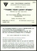"17 February 1963 THE BEATLES were booked to appear on the TV Pop Music Show, 'THANK YOUR LUCKY STARS', at the ABC TELEVISION STUDIOS, Broom Road, Teddington Lock, Middlesex, London, England. 'The Fab Four' performed just ONE song at this rehearsal session - their NEW single 'PLEASE PLEASE ME'. The atmosphere was ELECTRIC, in front of this SMALL Invited audience. "