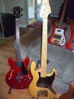 Chris' 1967 Gibson EB2 and 1974 Fender Jazz