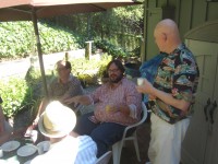 Around one of the deck tables