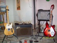L. to R. Chinese Tele copy, Vox AC15C1, Music Man RD-110 Fifty, Rick 360/12 string