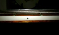 90s style application of binding to neck, on my TUR WB, built in January of 1997. The ends of the frets are  slightly visible through the opaqueness of the neck binding.