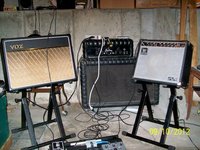 L. to R. Vox AC15C1; Kustom K-200 and 2X15 cab; MusicMan RD 110 Fifty