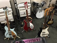 Kira's short-scale arsenal..... the Blueboy Lennon '58 model (2" body), the Ruby with Checquered Binding including Headstock, the Holy Grail Tulip and the Mandolin