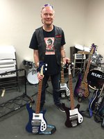 "S" bass fans alert ---  Gareth with his two Set Neck "S" basses and an 8-string PurpleGlo "S" bass behind him