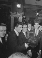 The Fabulous Epics (soon to become Orange Colored Sky) meet the Beatles at the Peppermint Lounge.  Left to Right: Paul Yoculan, Buggsy Cope, Paul McCartney, Vinny Frazzini