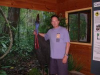 Yours Truly and a Cassowary. They are an endangered species, only about 1500 are estimated to live in the Rainforest. Like many other creatures here, thry can kill you if they get angry. The middle claw on each foot is about 30 cm long, razor sharp and can easily disembowell you. Fortunately for me, this life size model, is apparently harmless.