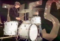 Ringo in rehearsal, on Saturday, February 8, 1964, sitting behind the white marine pearl Ludwig kit delivered to the CBS Studios for The Ed Sullivan Show. The wrong color was mistakenly sent that afternoon, but corrected the next morning in time for the broadcast.